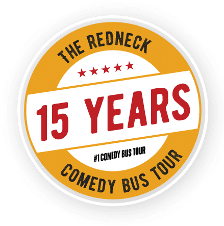 Logo celebrating 15 years of The Redneck Comedy Bus Tour, with the text "#1 Comedy Bus Tour" in the center. The design features a circular badge with red, yellow, and white colors and stars.