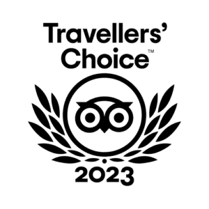 Logo of Travellers' Choice 2023 featuring an owl within a circle surrounded by laurel branches.