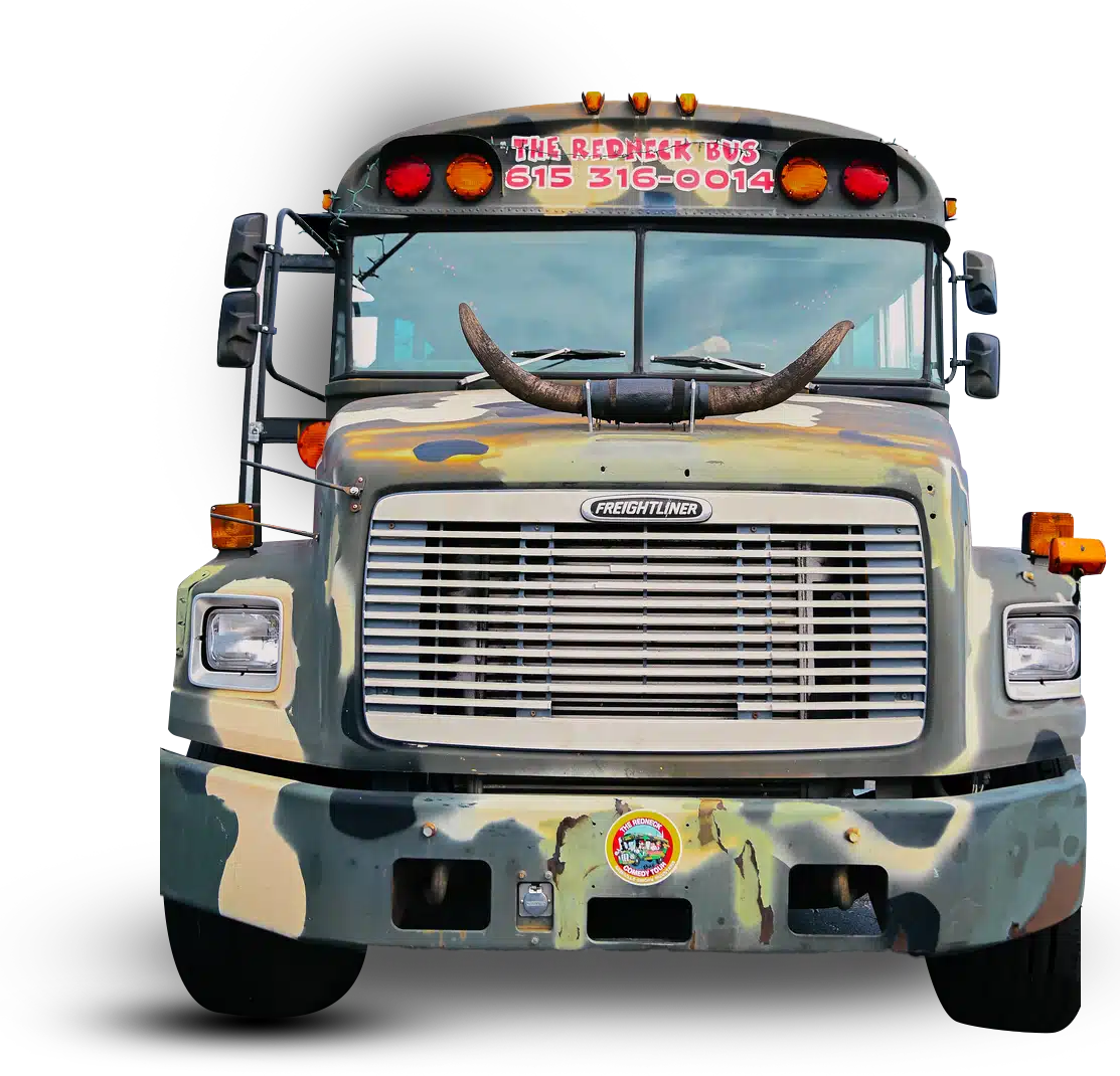 Front view of a camouflaged bus with a large horn mounted on the grille and "The Redneck Bus" sign with a phone number displayed on the windshield.