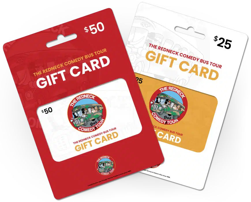 Image shows two gift cards for "The Redneck Comedy Bus Tour" in denominations of $50 and $25, each in white and red packaging respectively, featuring a logo with a cartoon bus.