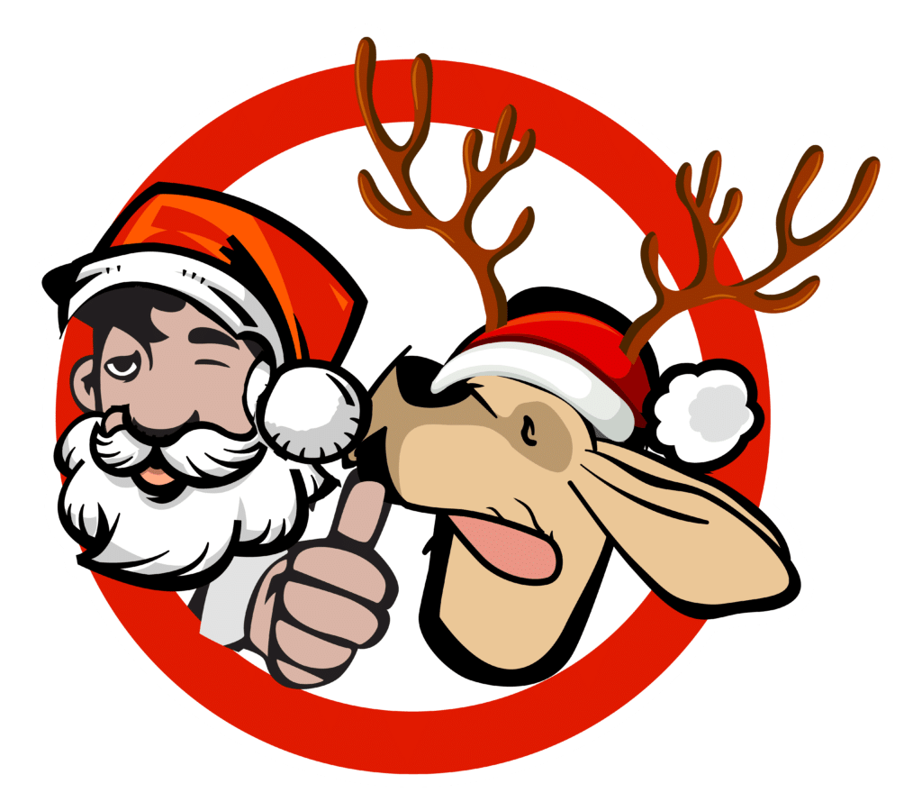 Cartoon Santa Claus and reindeer giving a thumbs up inside a red circle.