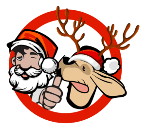 Cartoon Santa Claus and reindeer giving a thumbs up inside a red circle.