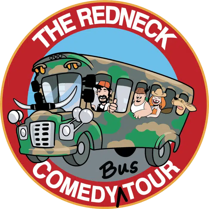 Logo featuring a cartoon camouflage bus with laughing passengers, titled "The Redneck Comedy Bus Tour" in red and white text.