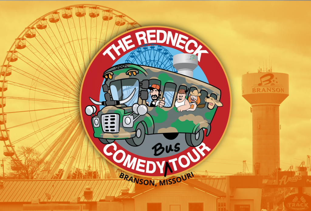 Promotional image for "The Redneck Comedy Bus Tour" in Branson, Missouri, featuring a cartoon bus with laughing passengers. The background shows a Ferris wheel and Branson landmarks.