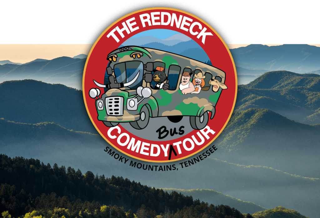 Logo for "The Redneck Comedy Bus Tour: Smoky Mountains, Tennessee" featuring a cartoon bus with several characters and a mountain backdrop.