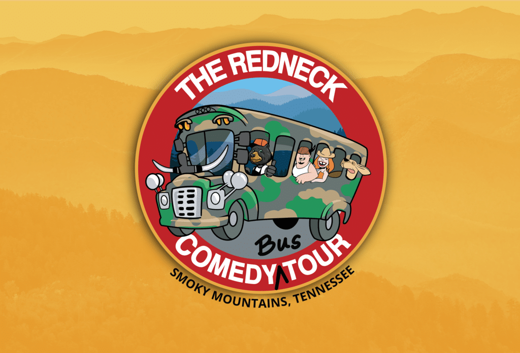 Illustration of a camouflage bus with cartoon characters, labeled "The Redneck Comedy Bus Tour, Smoky Mountains, Tennessee" on a red circular background. The distant Smoky Mountains are in the background.