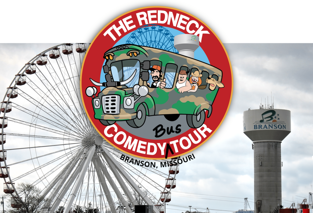 A Ferris wheel and water tower in Branson, Missouri with a large logo for “The Redneck Comedy Tour Bus” featuring cartoon characters on a camouflage bus.