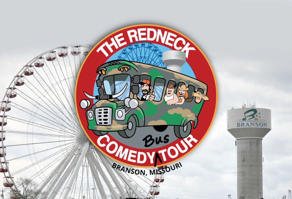 Logo for "The Redneck Comedy Bus Tour" in Branson, Missouri, featuring cartoon characters on a camouflage bus, overlaid on a photo of a Ferris wheel and Branson water tower.