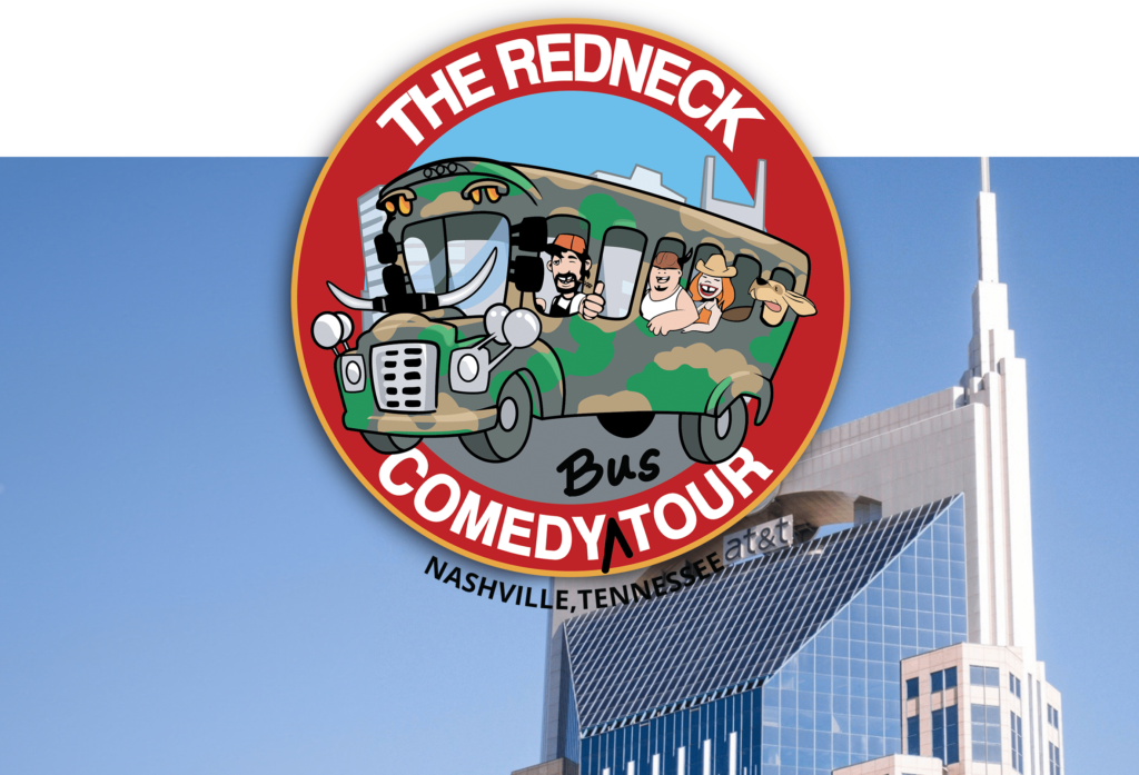 Logo for "The Redneck Comedy Bus Tour" featuring cartoon characters on a camouflage bus, with "Nashville, Tennessee" and a modern city building in the background.