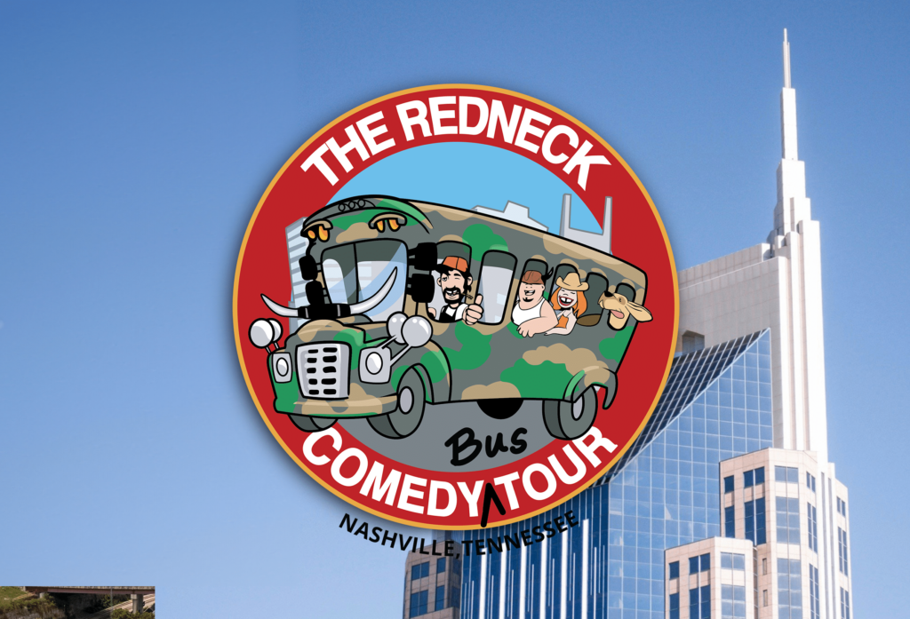 Logo for "The Redneck Comedy Bus Tour" featuring cartoon characters on a camouflage bus, with Nashville, Tennessee and a modern skyscraper in the background.