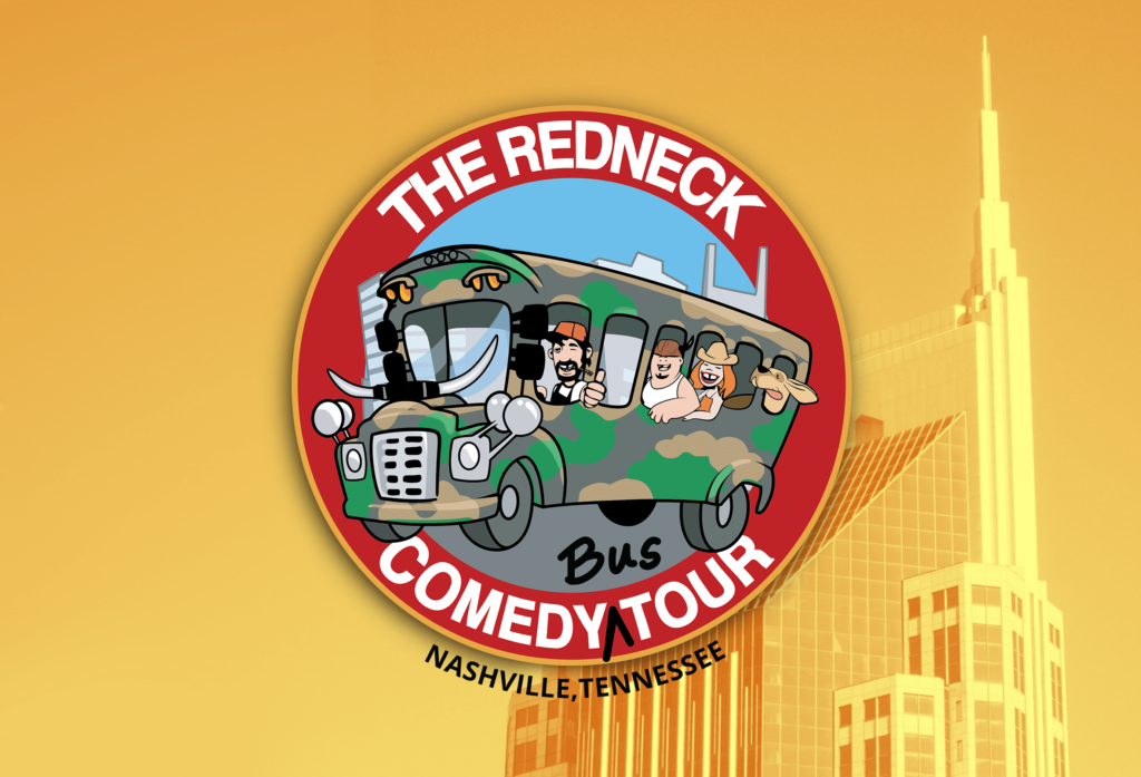 Logo for The Redneck Comedy Bus Tour in Nashville, Tennessee, featuring cartoon characters riding a camouflage bus against a yellow background with a city building.