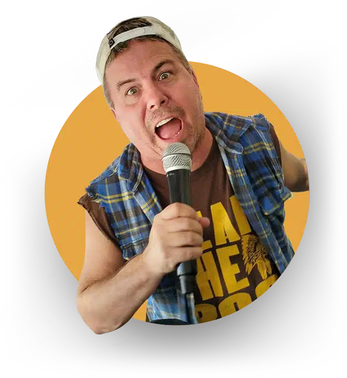 A man in a plaid sleeveless shirt and backward cap holds a microphone and appears to be shouting, set against a yellow circular background.