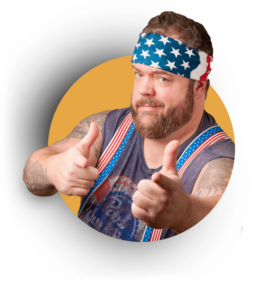 Bearded man wearing an American flag headband and patriotic suspenders, giving a double thumbs-up gesture against a yellow background.