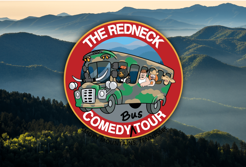 Logo of "The Redneck Comedy Bus Tour" featuring a cartoon camouflage bus with laughing passengers, set against a backdrop of the Smoky Mountains in Tennessee.