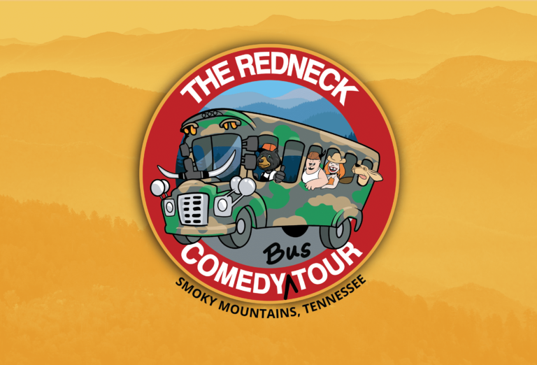 Logo for "The Redneck Comedy Bus Tour" in Smoky Mountains, Tennessee, featuring a cartoon bus with laughing passengers against a mountain background.