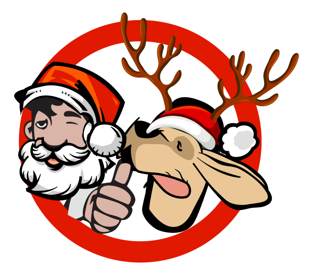 Cartoon Santa gives a thumbs-up next to a reindeer wearing a Santa hat and antlers, both inside a red circle with a white center.