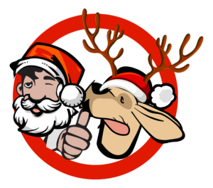 Cartoon Santa giving a thumbs up next to a reindeer wearing a Santa hat, both inside a red circle with a white background.