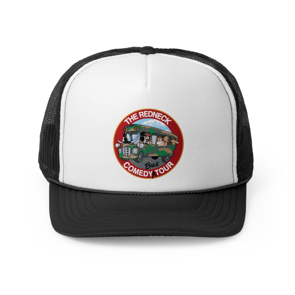 The Redneck Comedy Tour Trucker Cap - Black & White features a round logo with cartoon characters on a bus and the text "The Redneck Comedy Tour Bus.