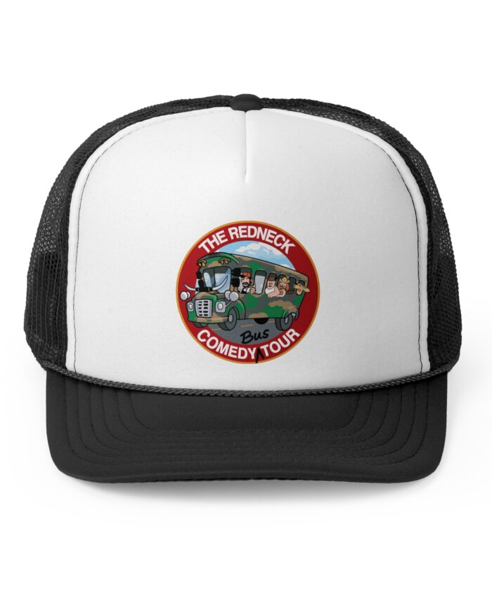 The Redneck Comedy Tour Trucker Cap - Black & White features a round logo with cartoon characters on a bus and the text "The Redneck Comedy Tour Bus.