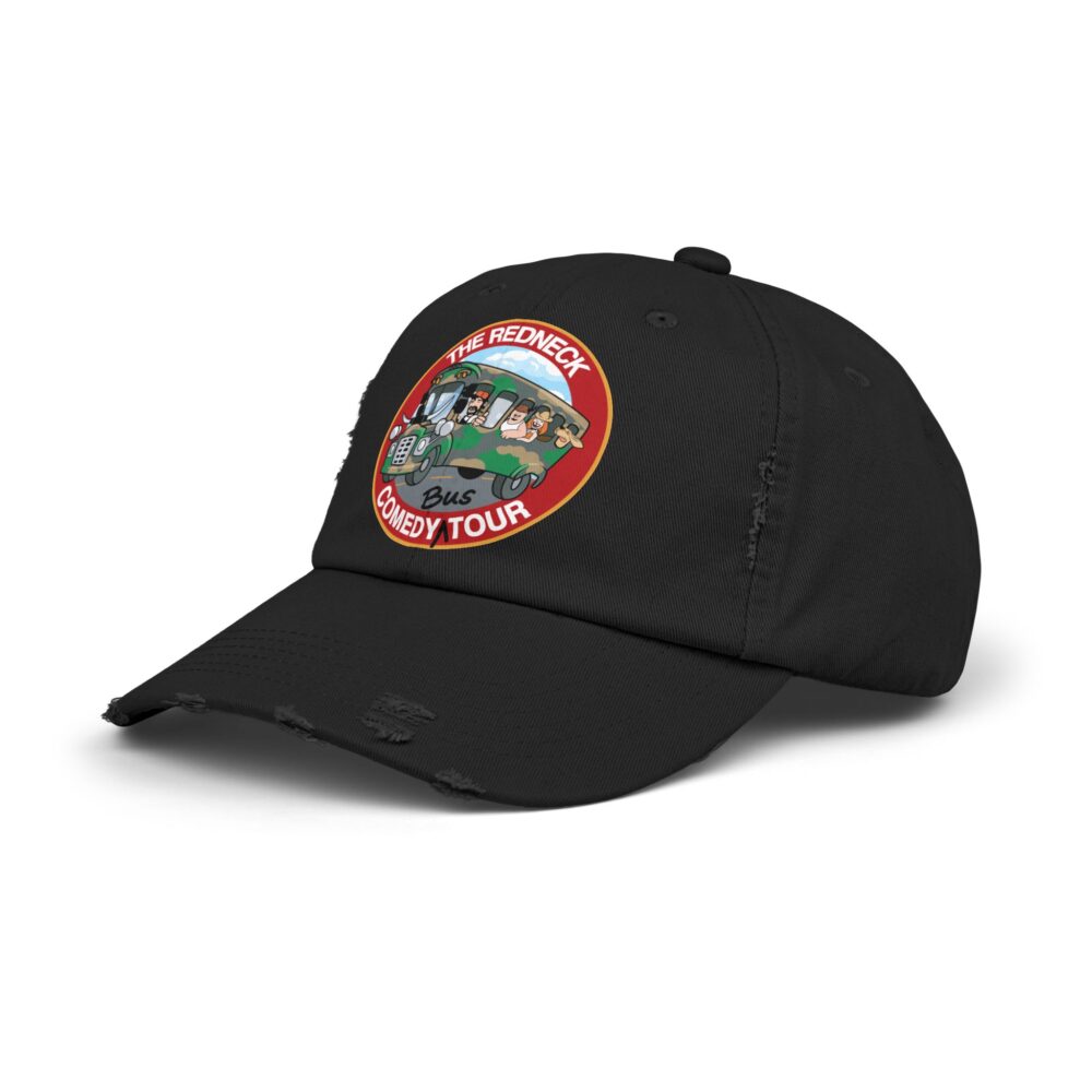 The Redneck Comedy Tour Distressed Hat is a black baseball cap with a colorful cartoon patch and "The Redneck Comedy Tour" text on the front.