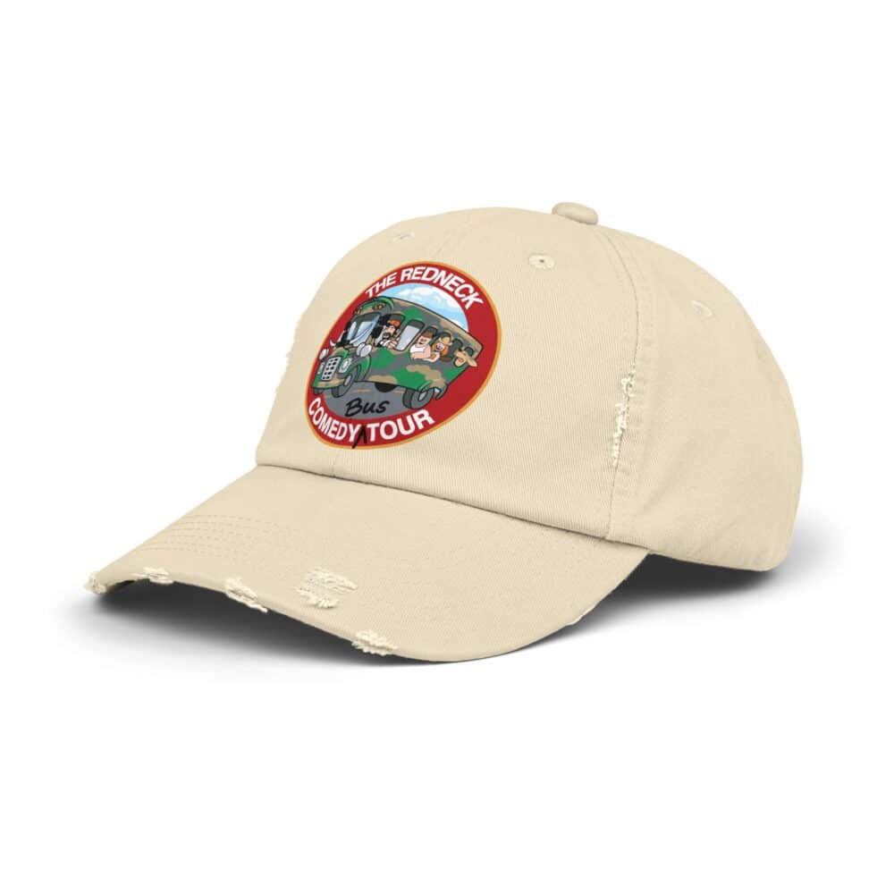 Redneck Comedy Tour Distressed Hat: Beige baseball cap with minor distressing and a colorful embroidered "Redneck Comedy Tour" patch on the front.