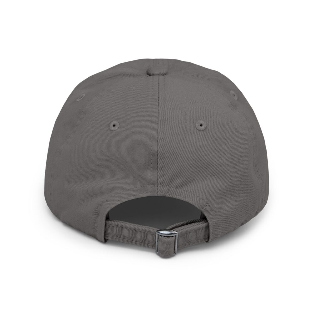 Back view of the Redneck Comedy Tour Distressed Hat, featuring a gray color, fabric strap, and metal buckle for adjustable sizing.