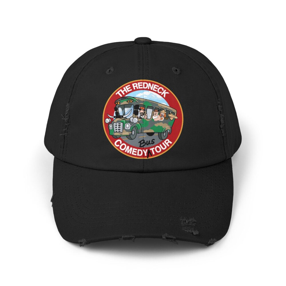 The Redneck Comedy Tour Distressed Hat is a black, worn-look baseball cap with a colorful cartoon patch showing four characters riding a bus and the text “The Redneck Comedy Tour Bus.”.
