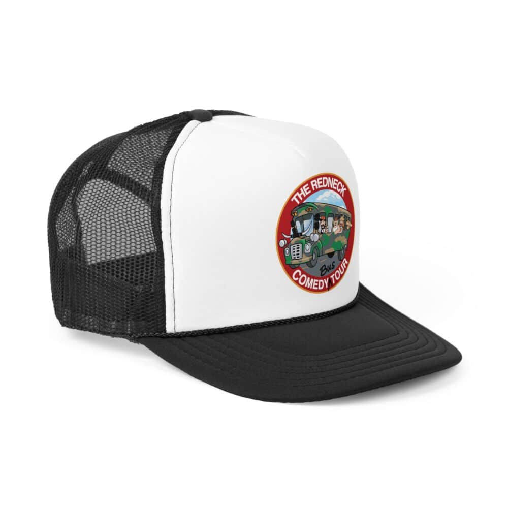 The Redneck Comedy Tour Trucker Cap - Black & White features a mesh design and a front patch with cartoon characters in a truck and "The Redneck Comedy Tour" text.