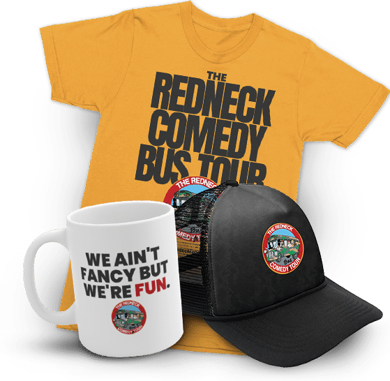 A yellow T-shirt, black cap, and white mug featuring logos and text from "The Redneck Comedy Bus Tour" are displayed against a plain background.