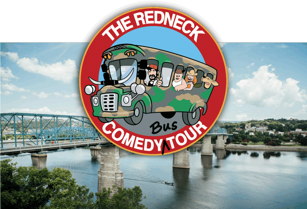 Logo for "The Redneck Comedy Tour Bus" featuring cartoon characters on a camouflage bus, overlaid on a photo of a bridge and river with trees and buildings in the background.