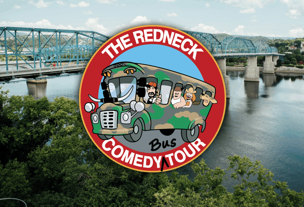A circular logo for "The Redneck Comedy Bus Tour" featuring cartoon characters on a camouflage bus, overlaid on a riverside bridge background.