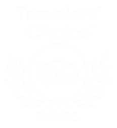 White "Travelers' Choice 2025" logo with an owl symbol inside a circle, surrounded by laurel branches, on a black background.
