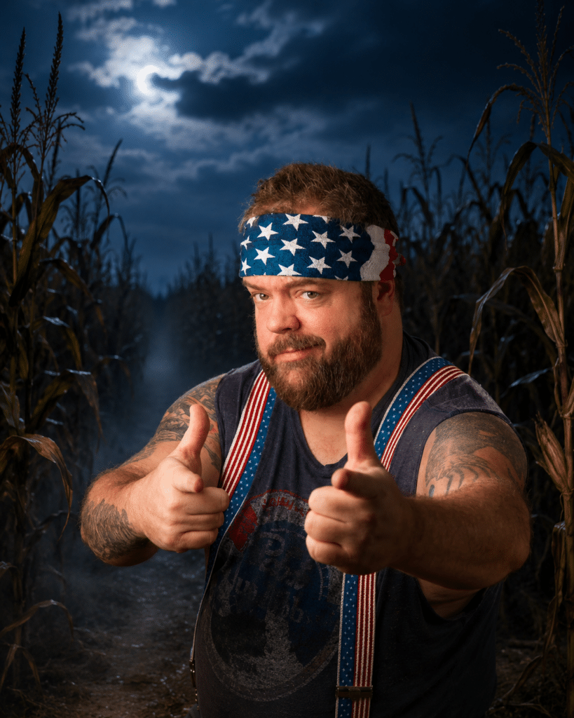 A bearded man wearing a star-spangled headband and American flag suspenders gives double thumbs-up in a cornfield at night under a cloudy, moonlit sky.