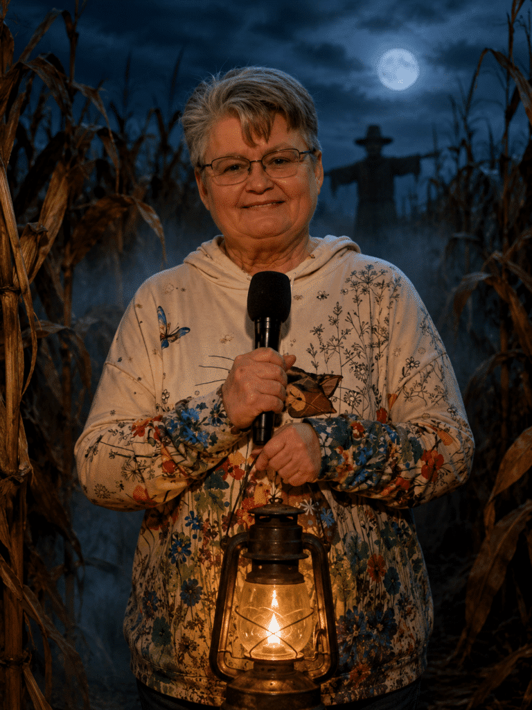 An older woman stands in a cornfield at night, holding a microphone and a lit lantern, with a scarecrow and full moon visible in the background.