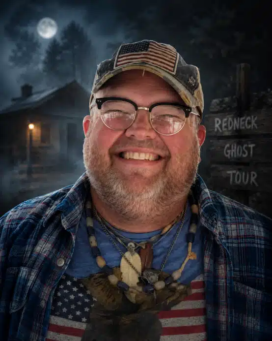 A smiling man in glasses and an American flag cap stands in front of a cabin at night, with a "Redneck Ghost Tour" sign visible.