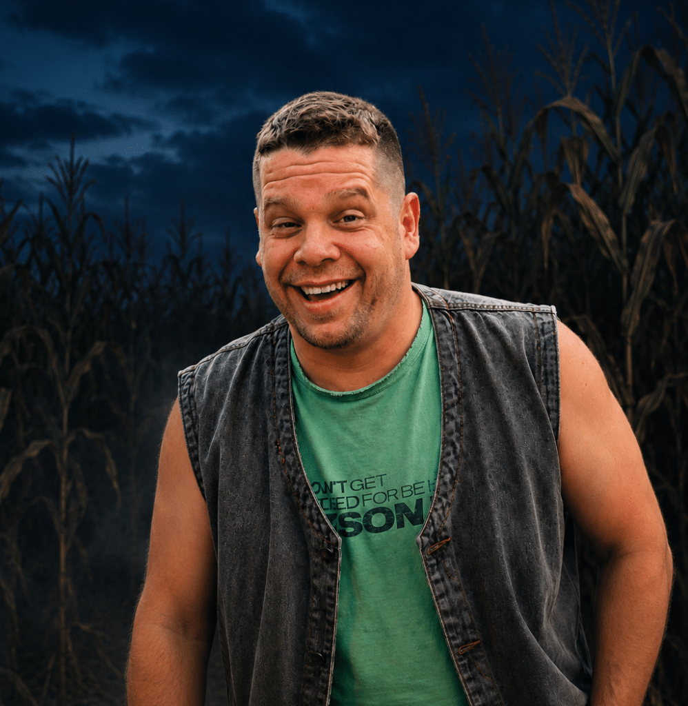 A man wearing a green shirt and sleeveless denim vest stands in front of a cornfield at dusk, smiling with a playful expression.