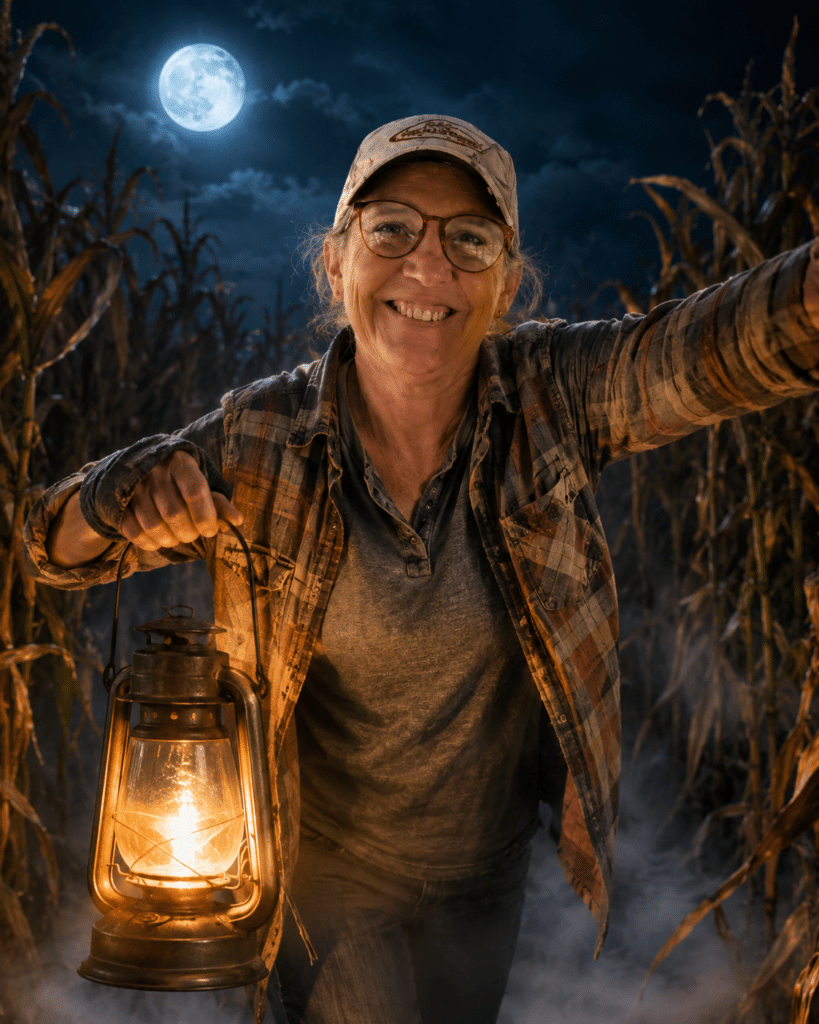 A woman holding a lit lantern stands in a cornfield at night under a full moon, wearing glasses, a cap, and a plaid shirt, smiling at the camera.