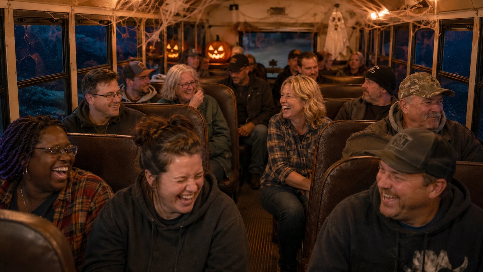 A group of adults sit on a decorated bus with Halloween lights, jack-o'-lanterns, and fake cobwebs, smiling and laughing together.