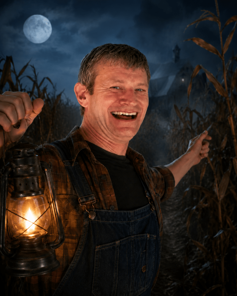 A man in overalls holds a lit lantern and smiles while standing in a cornfield at night with a full moon in the sky and a barn in the background.