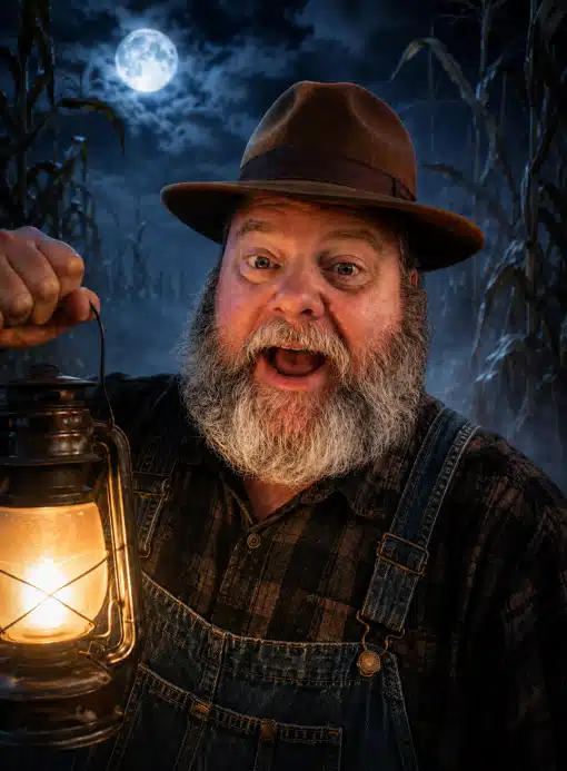 A bearded man in overalls and a hat holds a lit lantern, standing in a cornfield at night with a full moon in the cloudy sky behind him.